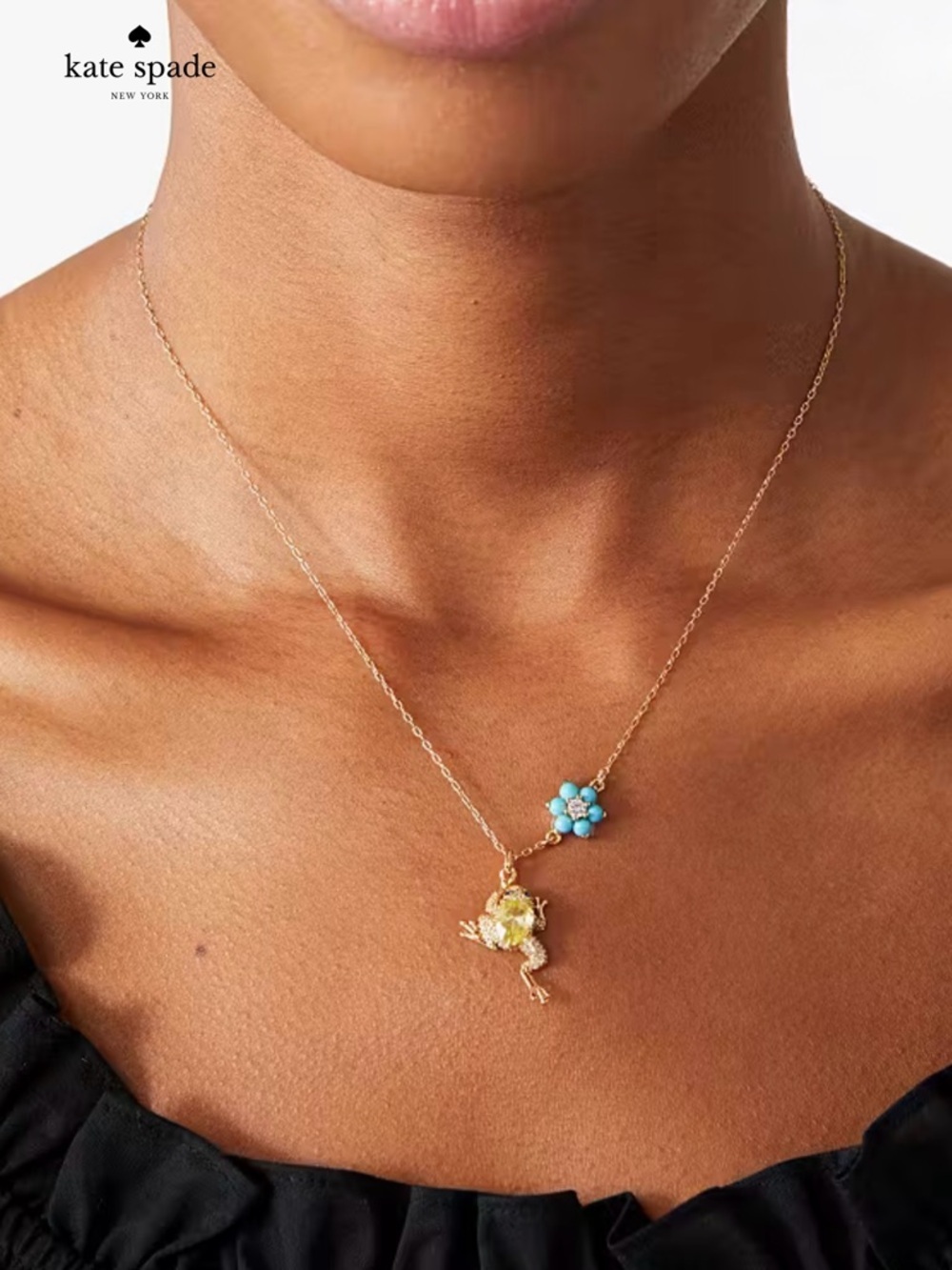 Kate Spade Nature Walk Gold Frog Pendant Necklace w/ Turquoise Flower Accent